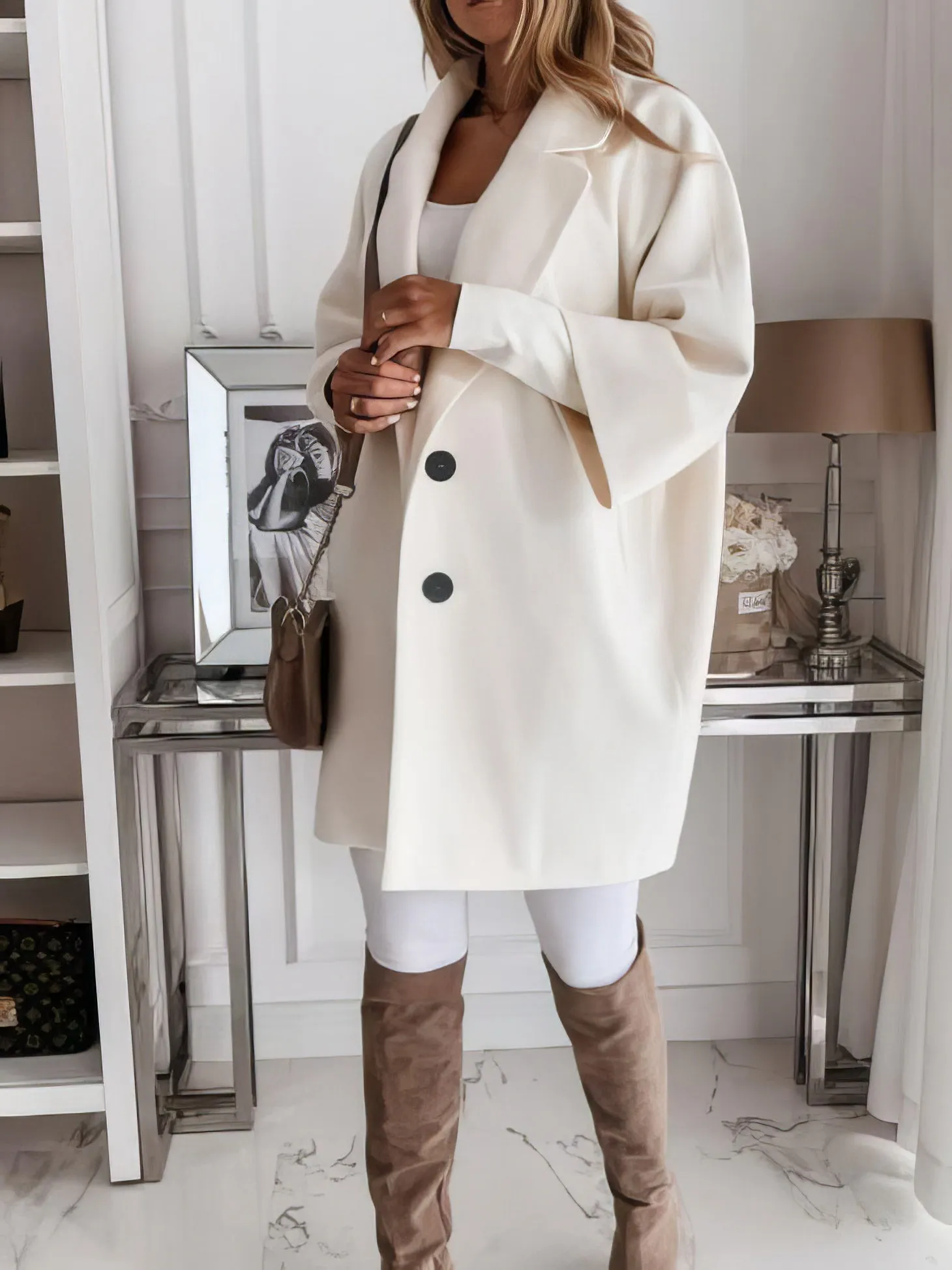 Coats 3/4 Sleeve Button Lapel Pocket Woolen Coats for Women