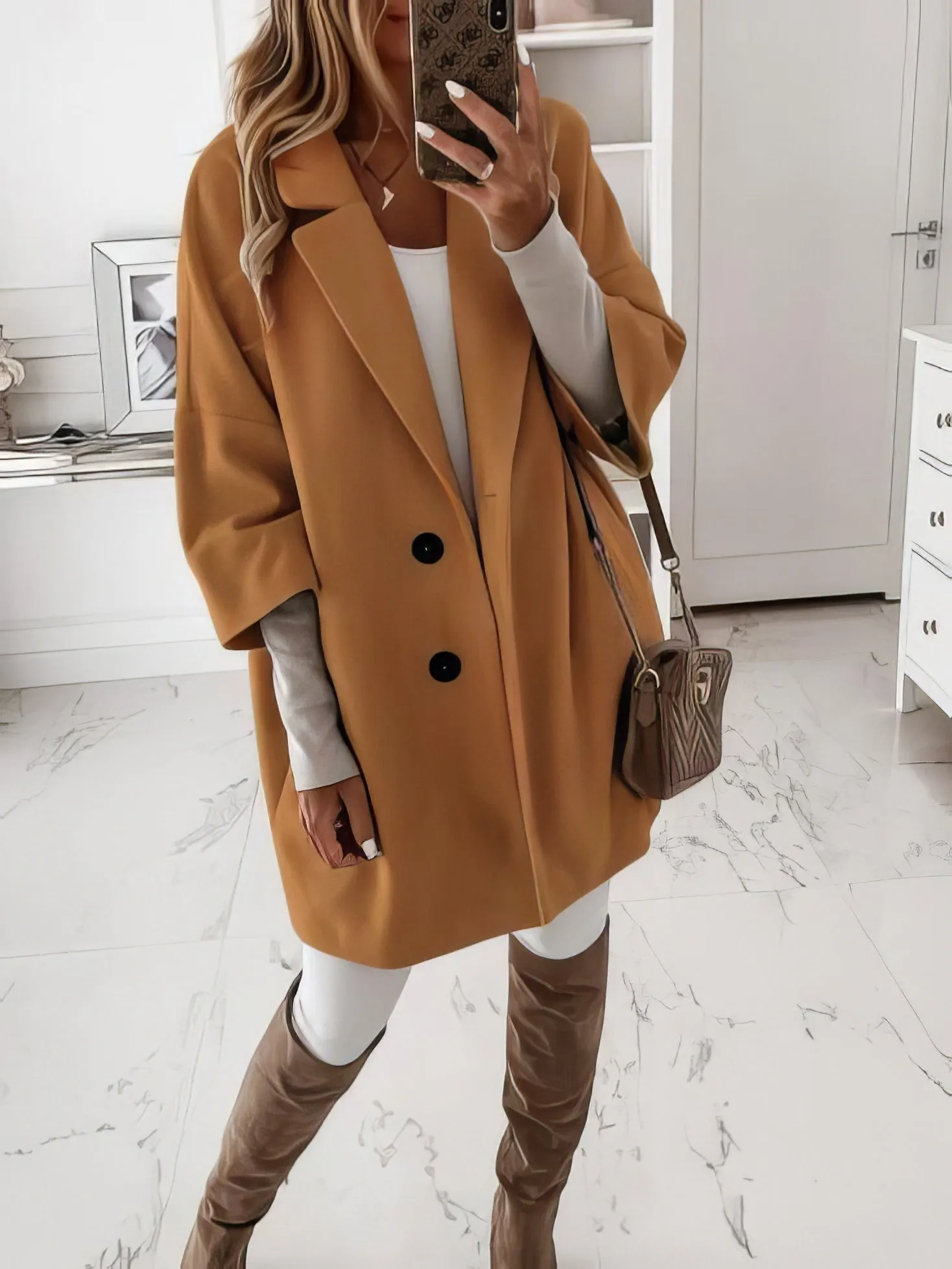 Coats 3/4 Sleeve Button Lapel Pocket Woolen Coats for Women