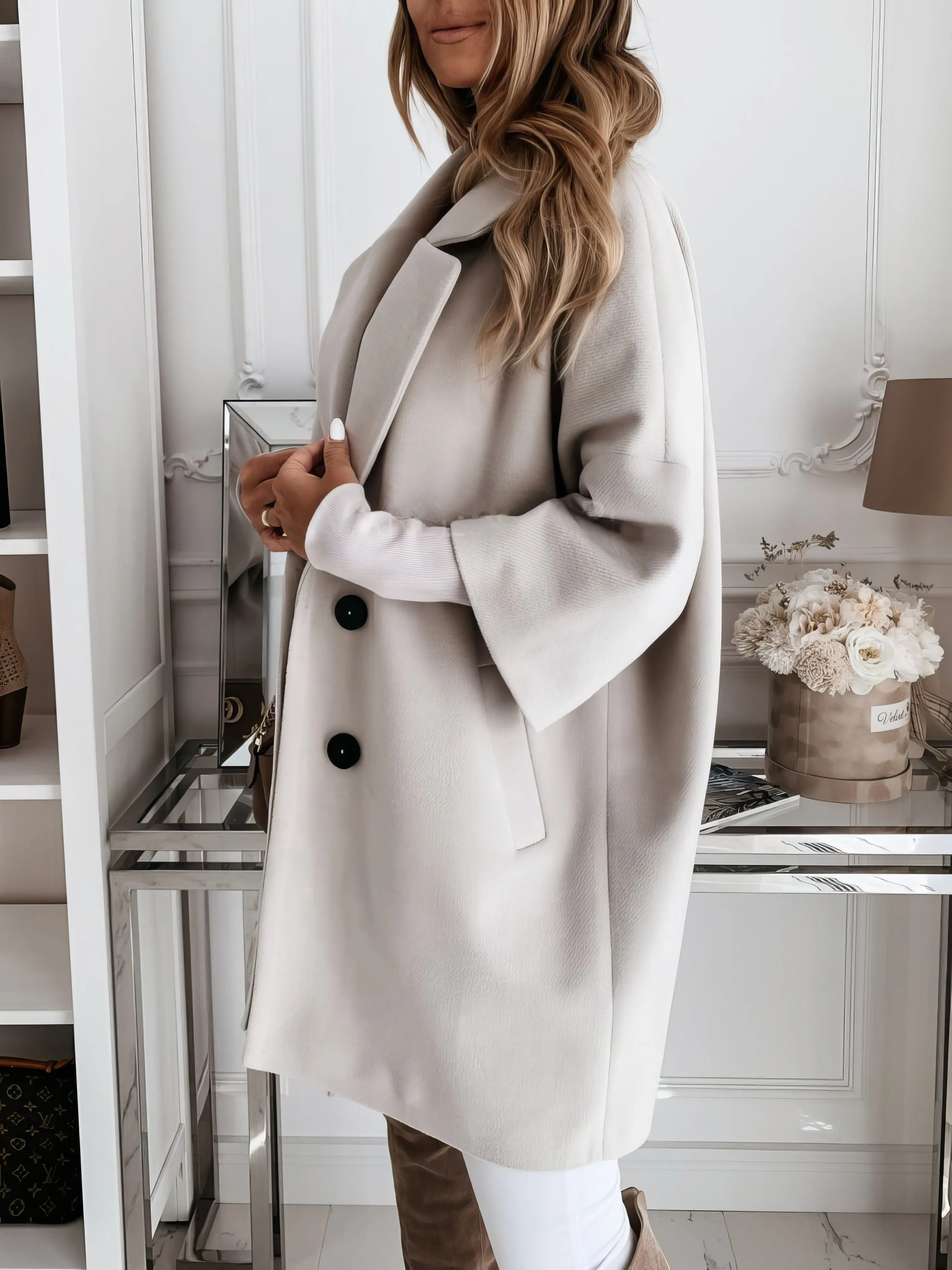 Coats 3/4 Sleeve Button Lapel Pocket Woolen Coats for Women