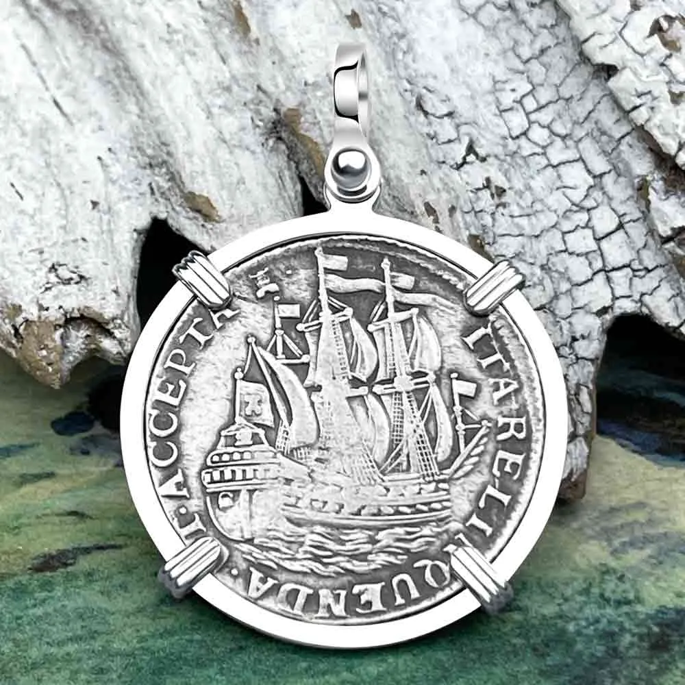 Dutch East India Company 1763 Silver 6 Stuiver Ship Shilling "I Struggle and Survive" Sterling Silver Pendant | Artifact #8517