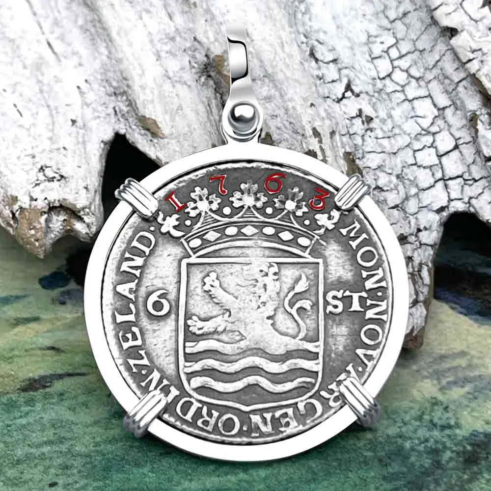 Dutch East India Company 1763 Silver 6 Stuiver Ship Shilling "I Struggle and Survive" Sterling Silver Pendant | Artifact #8517