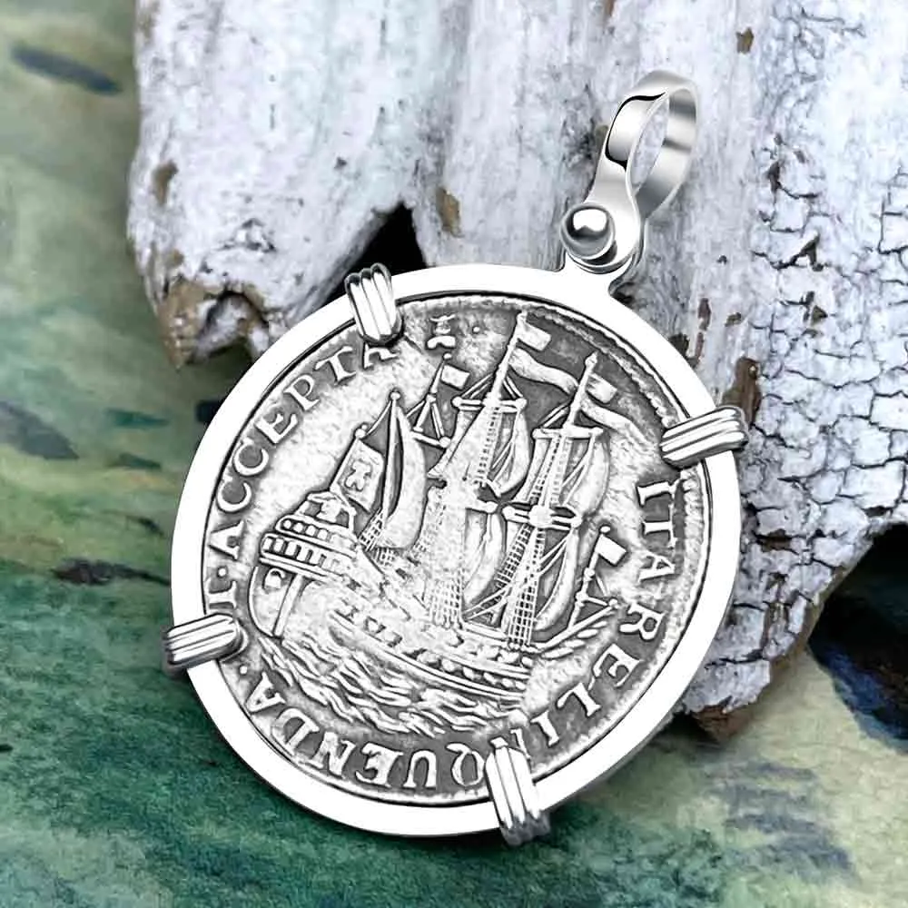 Dutch East India Company 1763 Silver 6 Stuiver Ship Shilling "I Struggle and Survive" Sterling Silver Pendant | Artifact #8517