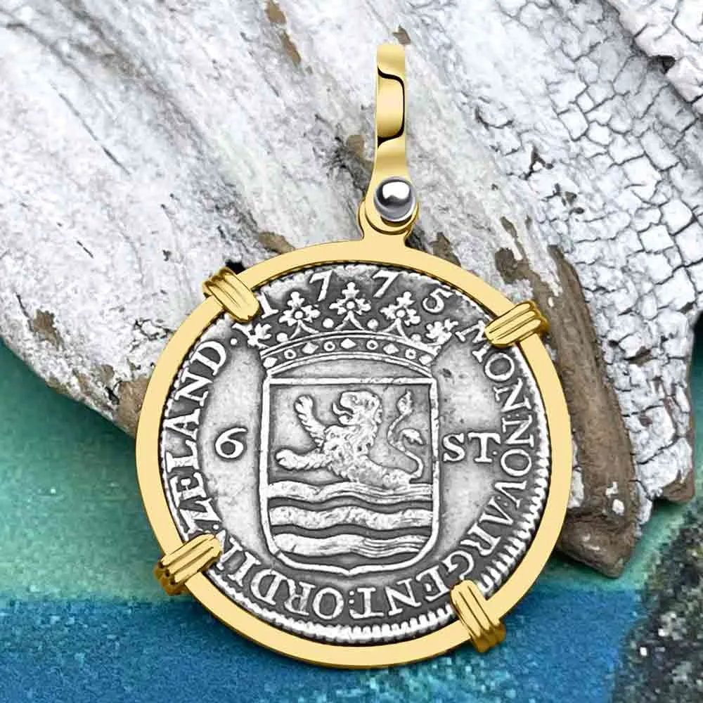 Dutch East India Company 1775 Silver 6 Stuiver Ship Shilling "I Struggle and Survive" 14K Gold Pendant | Artifact #8687