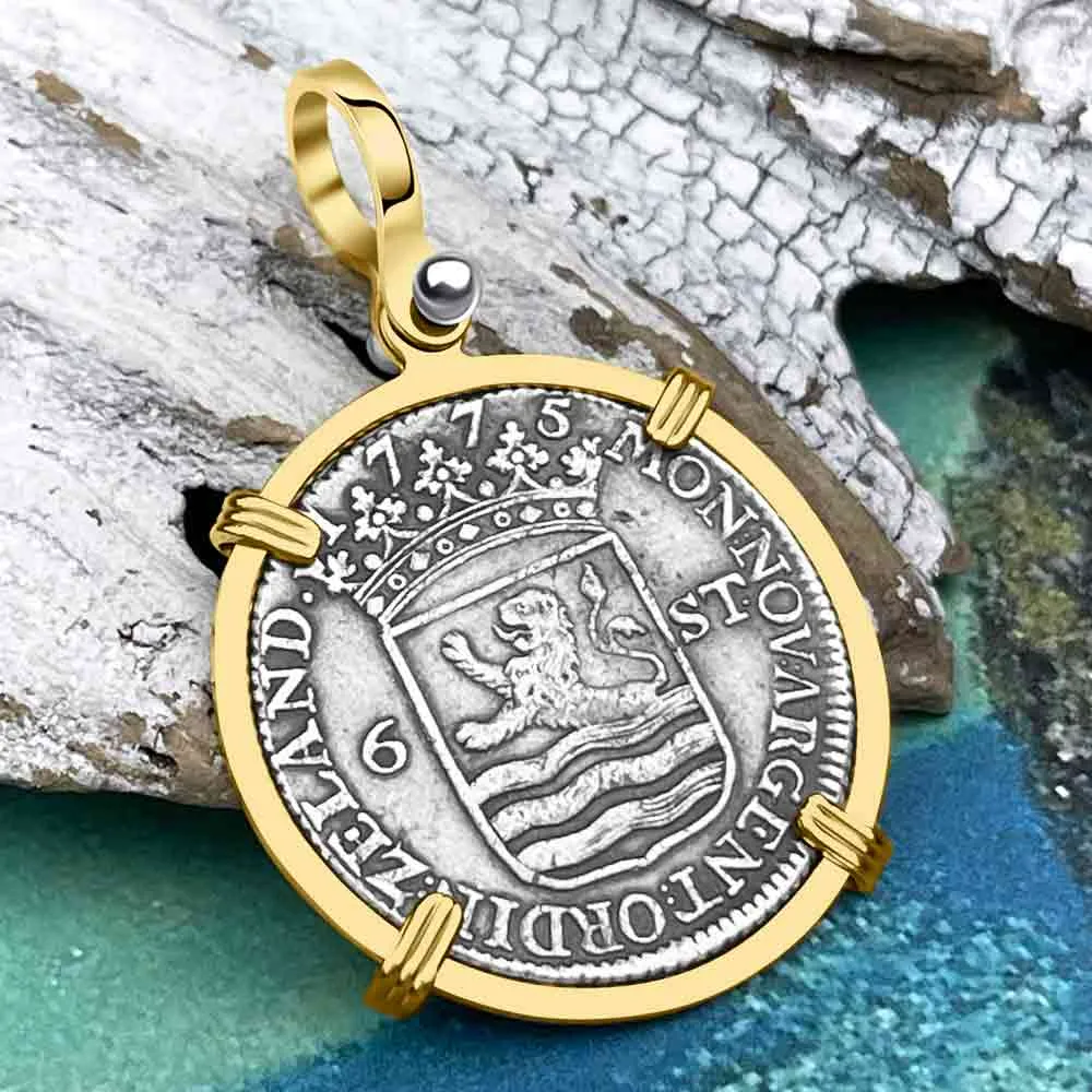 Dutch East India Company 1775 Silver 6 Stuiver Ship Shilling "I Struggle and Survive" 14K Gold Pendant | Artifact #8687