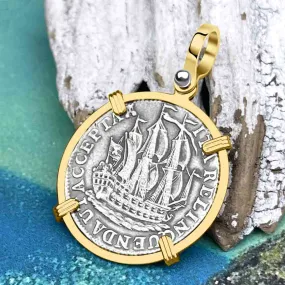 Dutch East India Company 1775 Silver 6 Stuiver Ship Shilling "I Struggle and Survive" 14K Gold Pendant | Artifact #8687