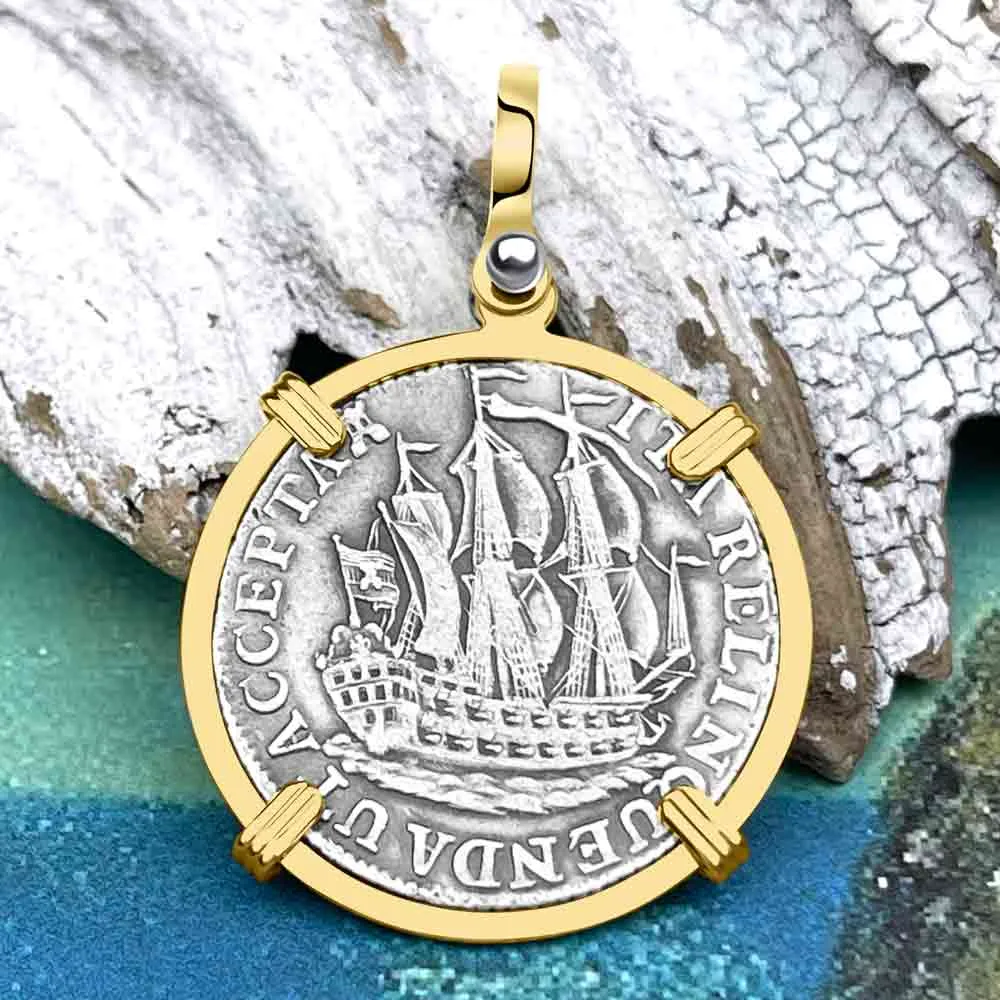 Dutch East India Company 1775 Silver 6 Stuiver Ship Shilling "I Struggle and Survive" 14K Gold Pendant | Artifact #8687