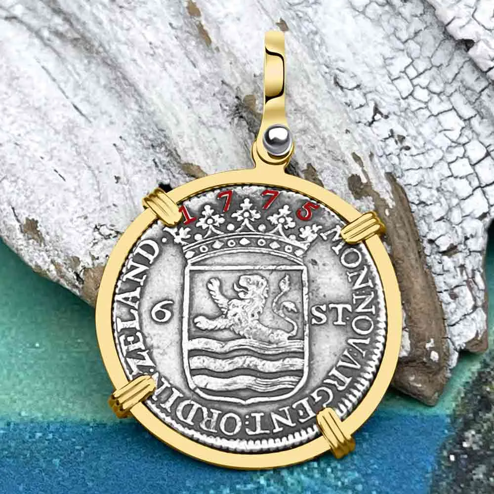Dutch East India Company 1775 Silver 6 Stuiver Ship Shilling "I Struggle and Survive" 14K Gold Pendant | Artifact #8687