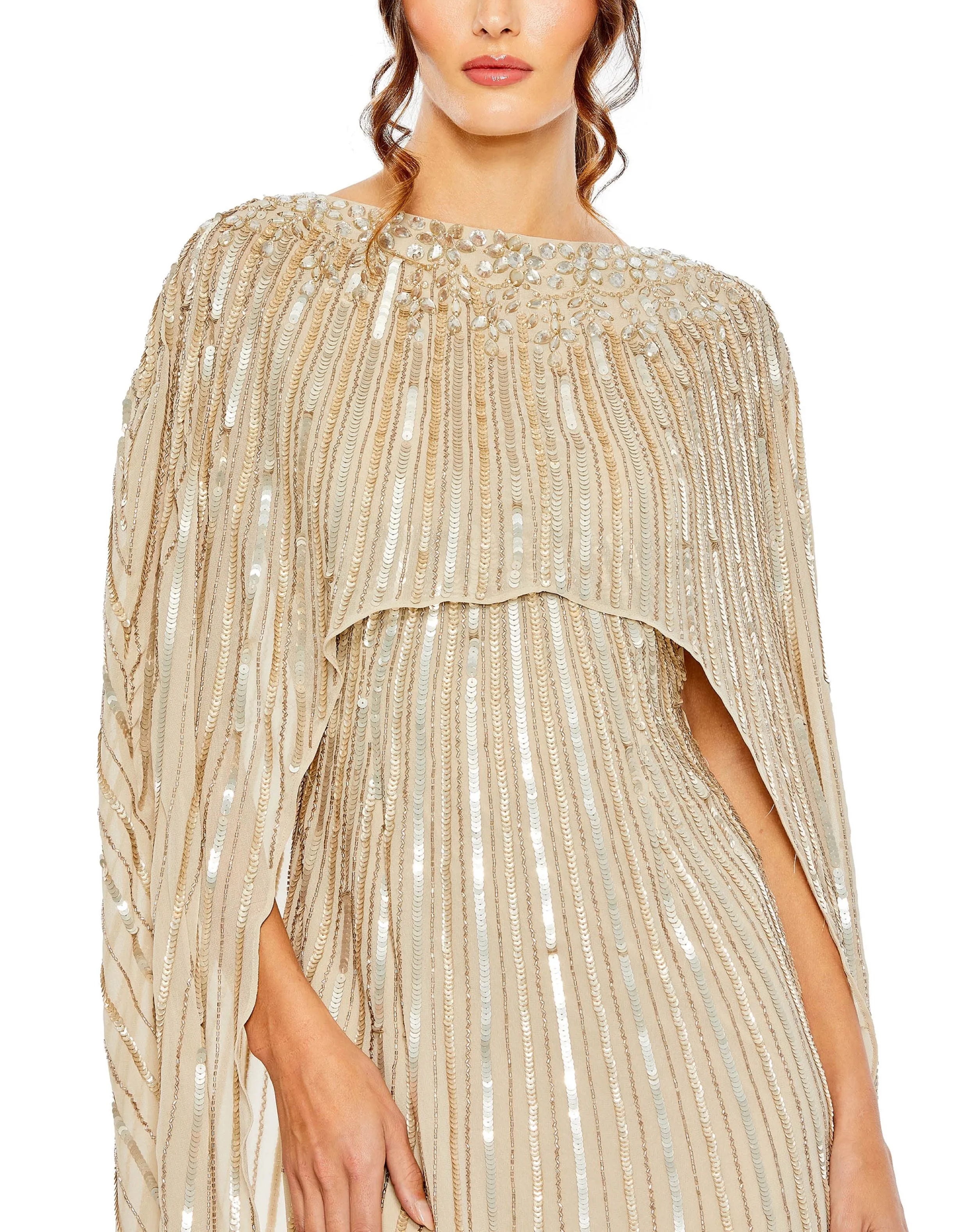 Embellished Column Cape Gown