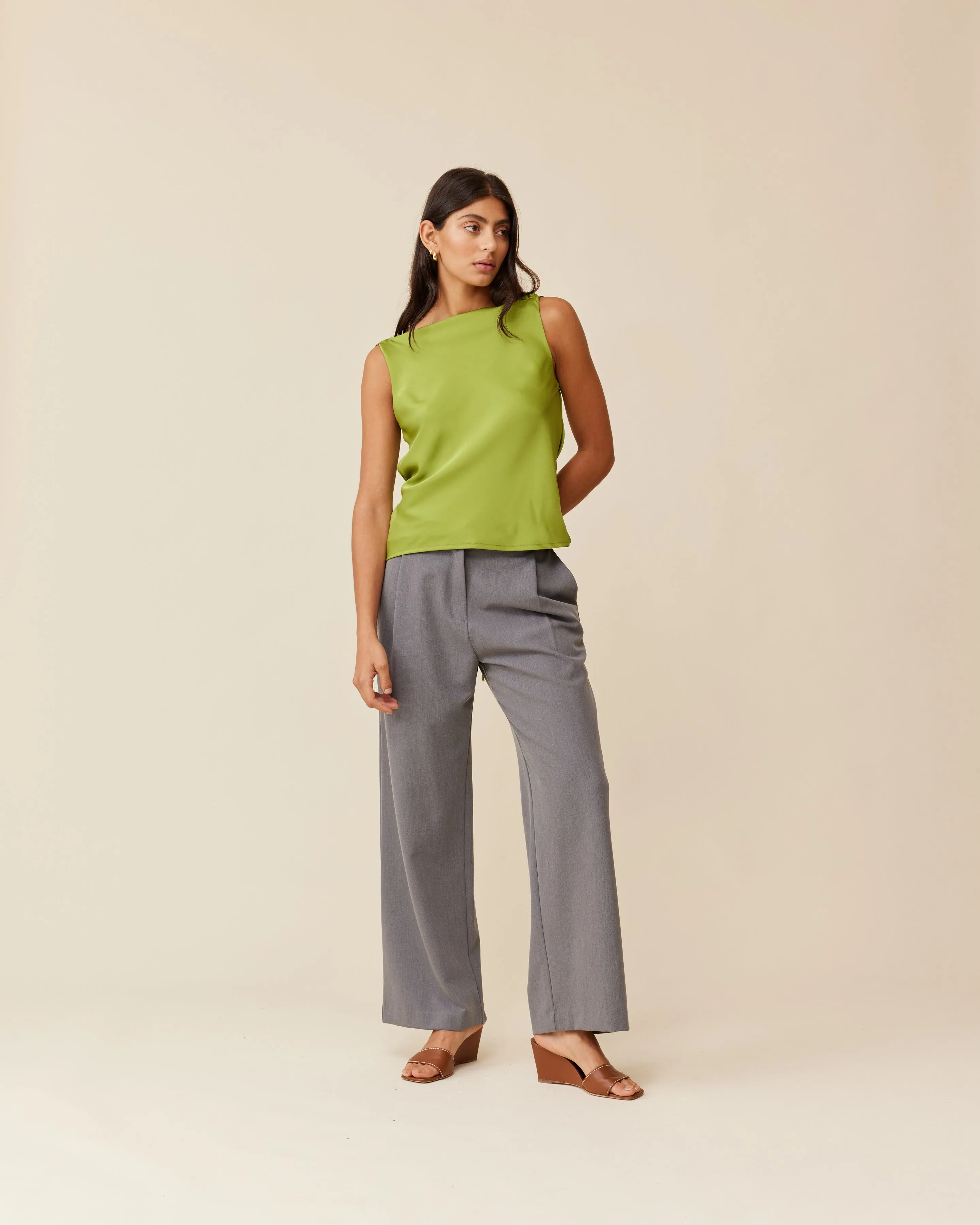 FIREBIRD COWL SLEEVELESS TOP PEA GREEN
