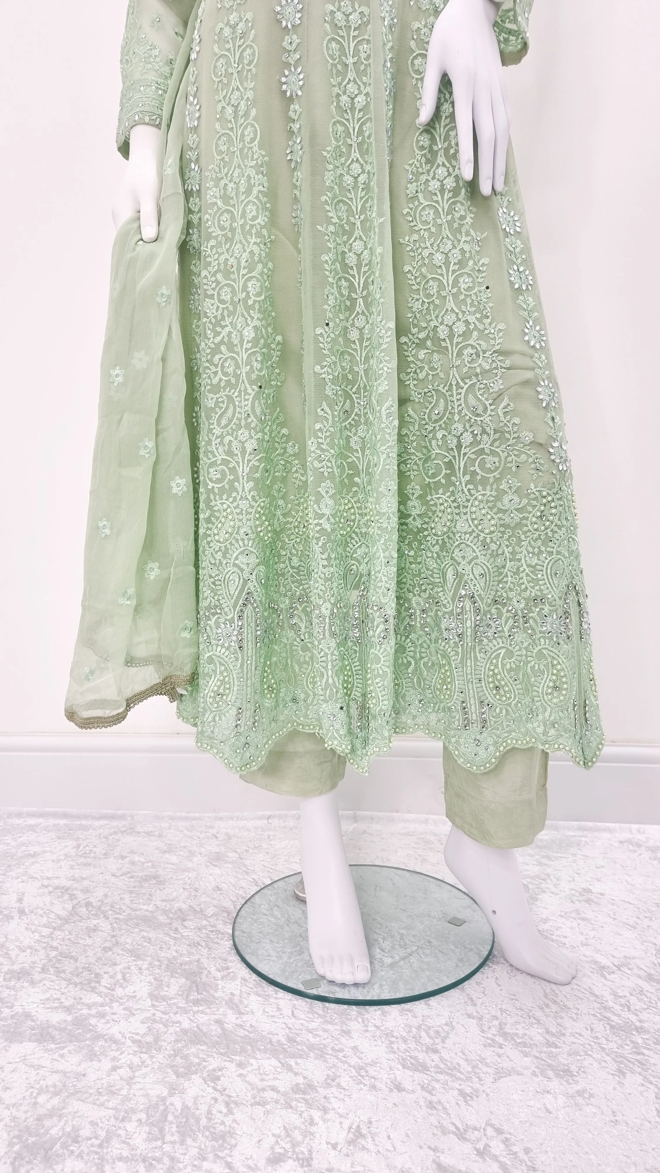 Green Embroidered Chiffon Frock Suit