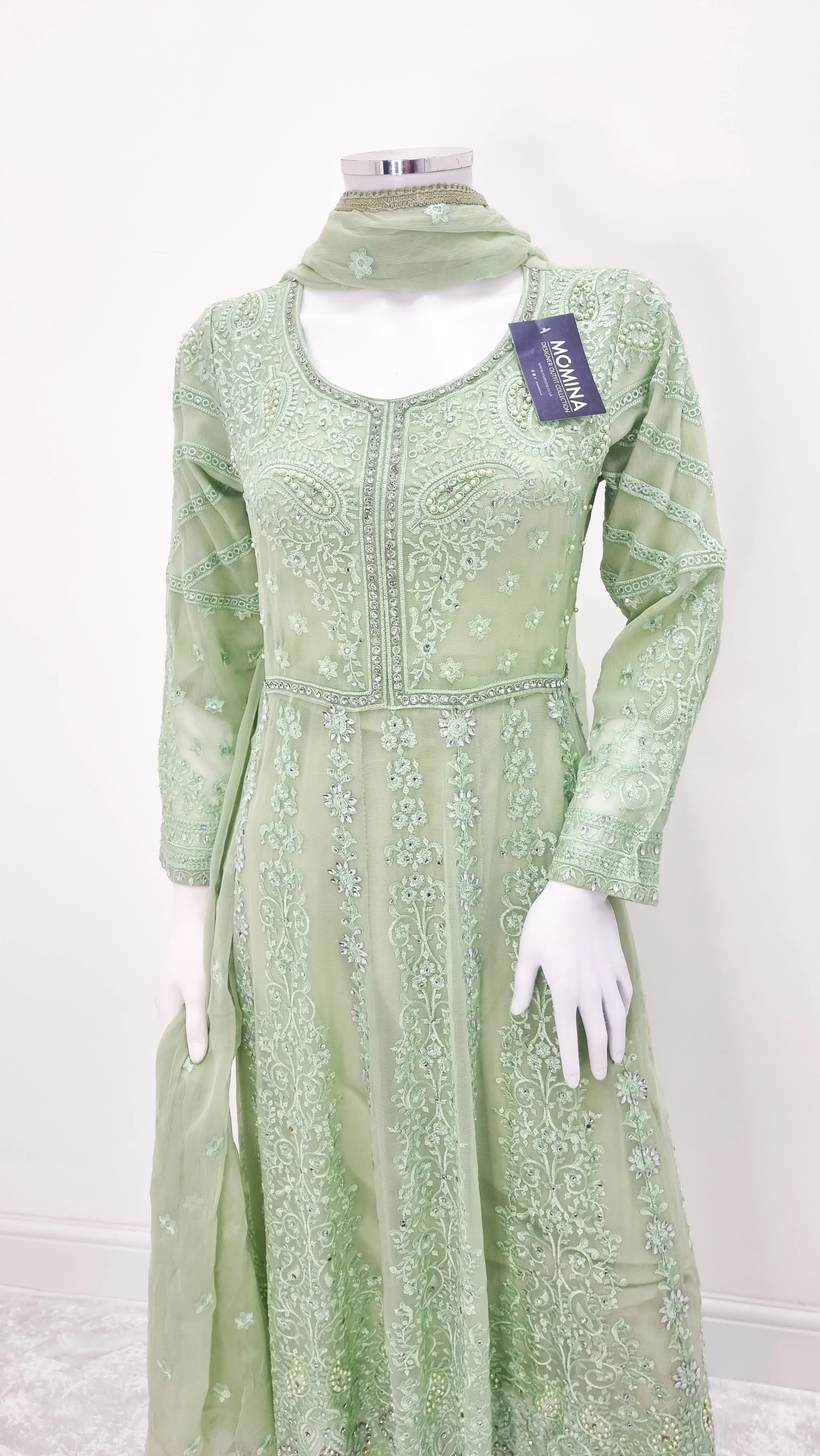 Green Embroidered Chiffon Frock Suit
