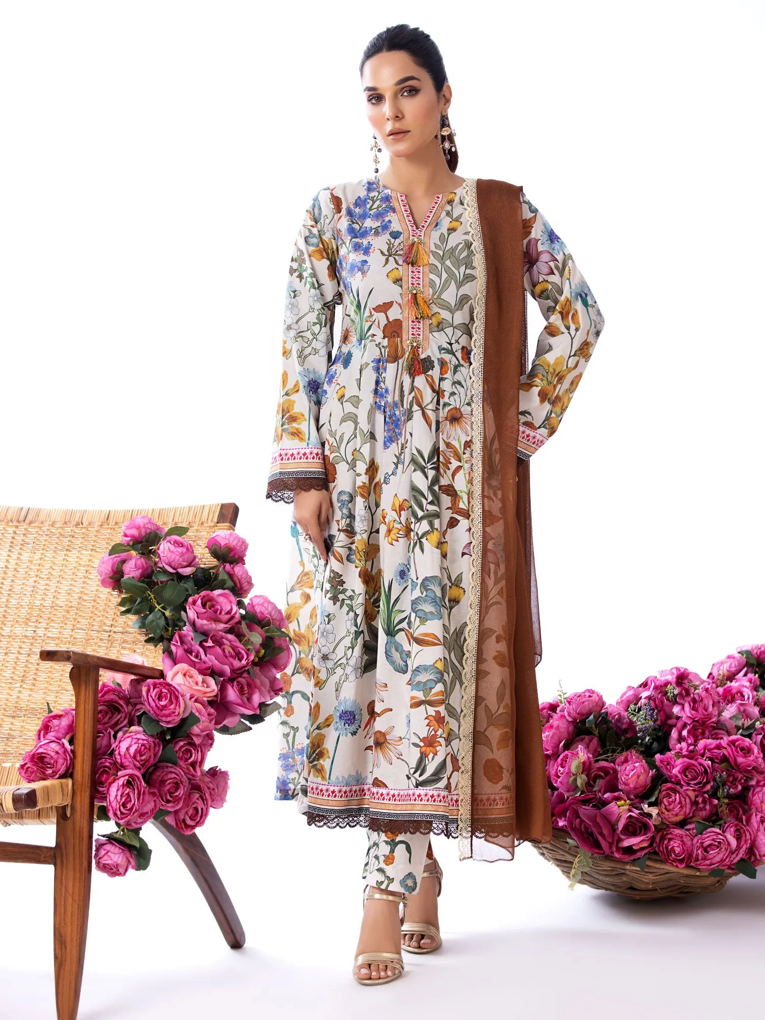 Heera's Off-White Long Floral Cambric Frock Suit