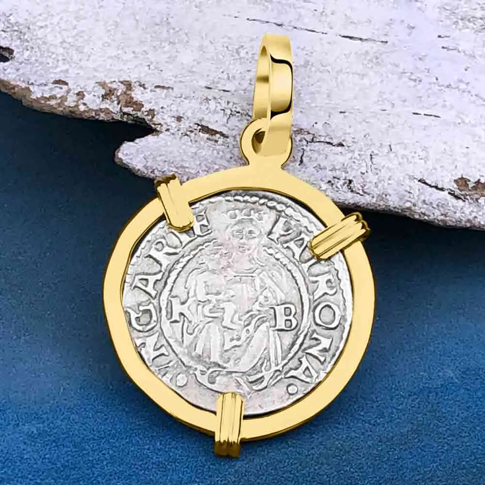 Hungarian Silver Denar Dated 1548 with Mary & Baby Jesus 14K Gold Pendant | Artifact #8556