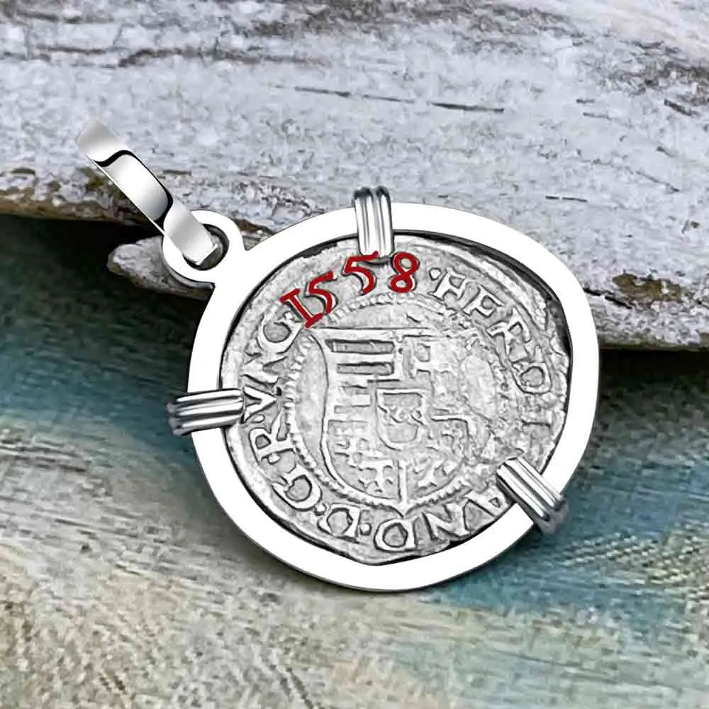 Hungarian Silver Denar Dated 1558 with Mary & Baby Jesus 14K White Gold Pendant | Artifact #8562