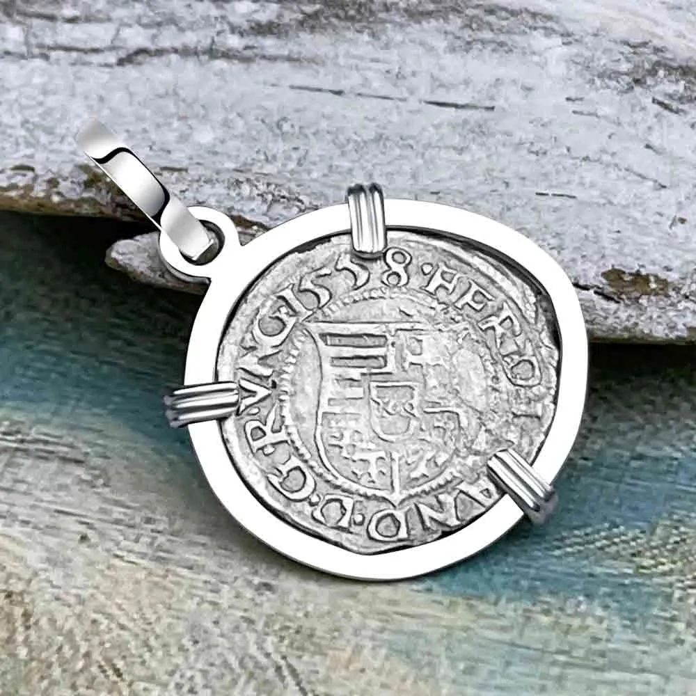 Hungarian Silver Denar Dated 1558 with Mary & Baby Jesus 14K White Gold Pendant | Artifact #8562