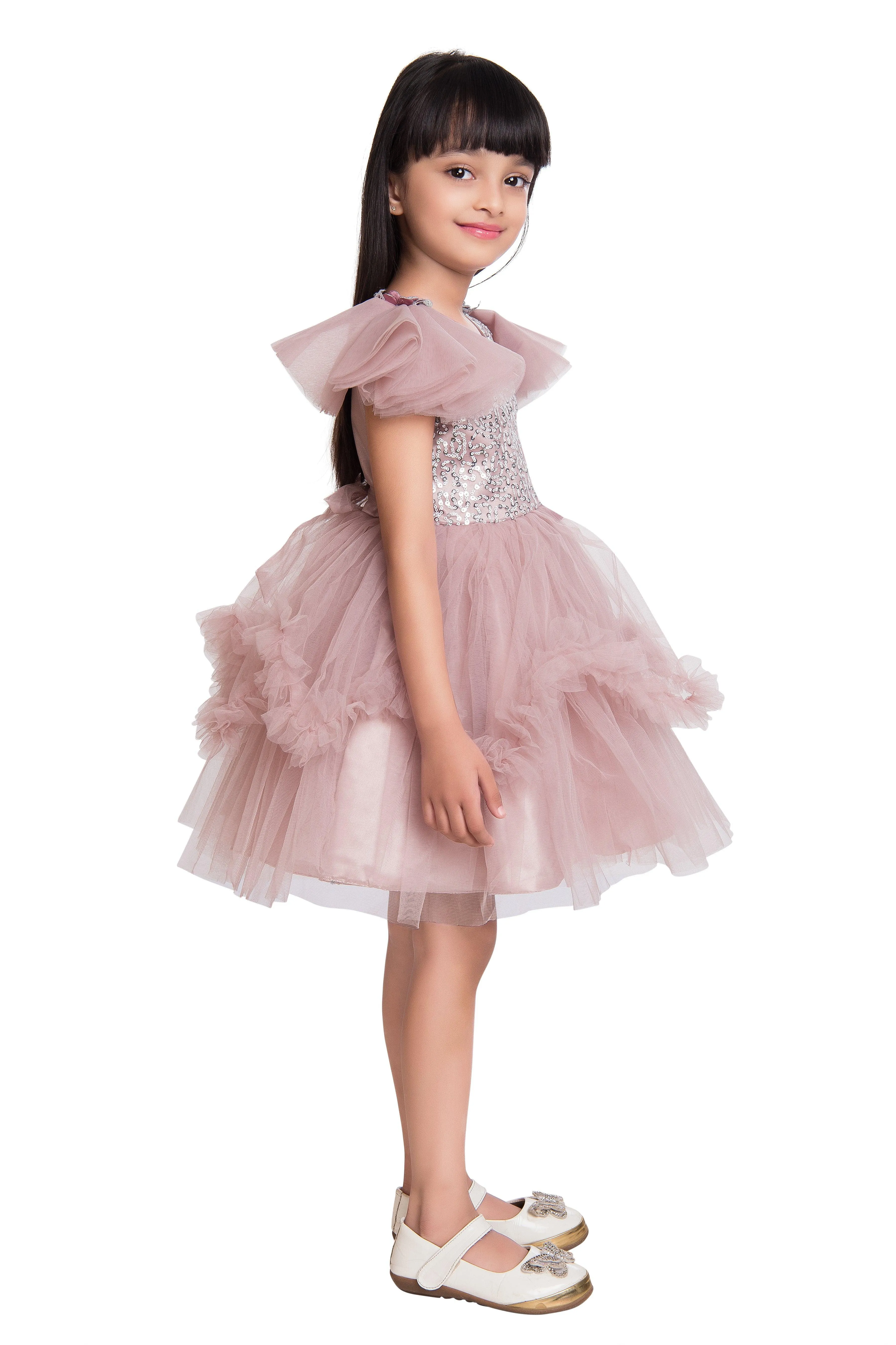 Orchid Coloured Embellished Simple Design Net Party Wear Frock For Girls