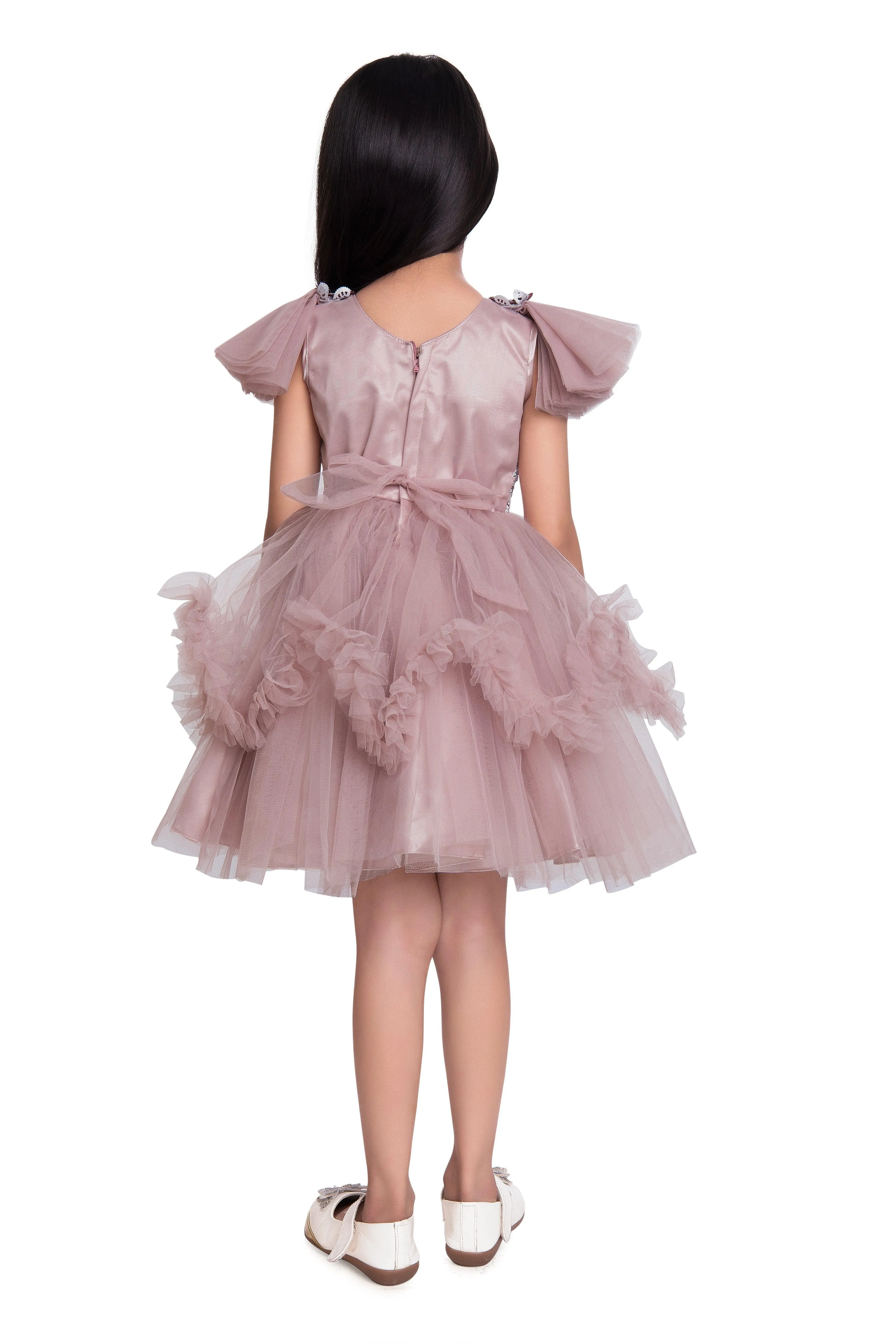 Orchid Coloured Embellished Simple Design Net Party Wear Frock For Girls