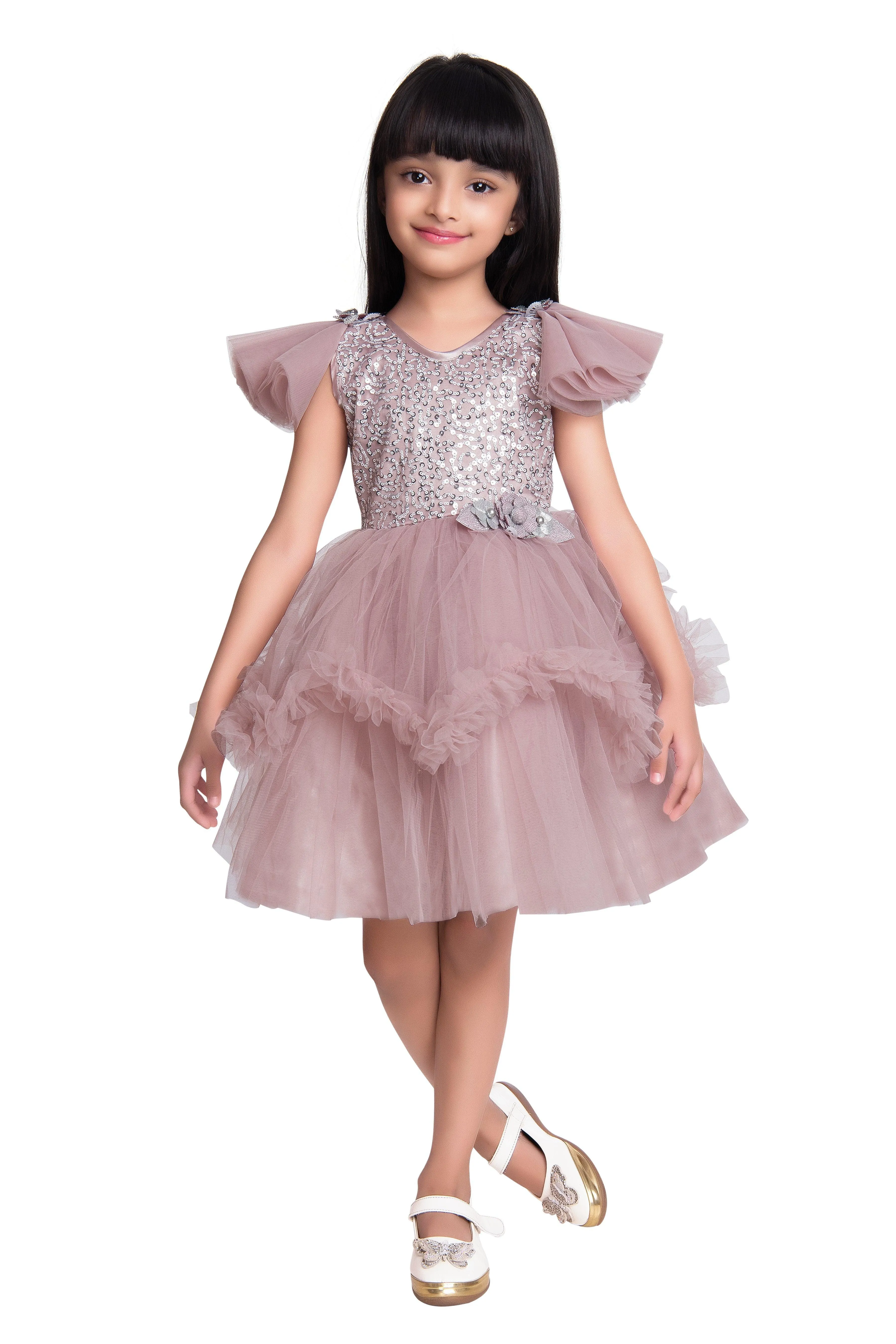 Orchid Coloured Embellished Simple Design Net Party Wear Frock For Girls