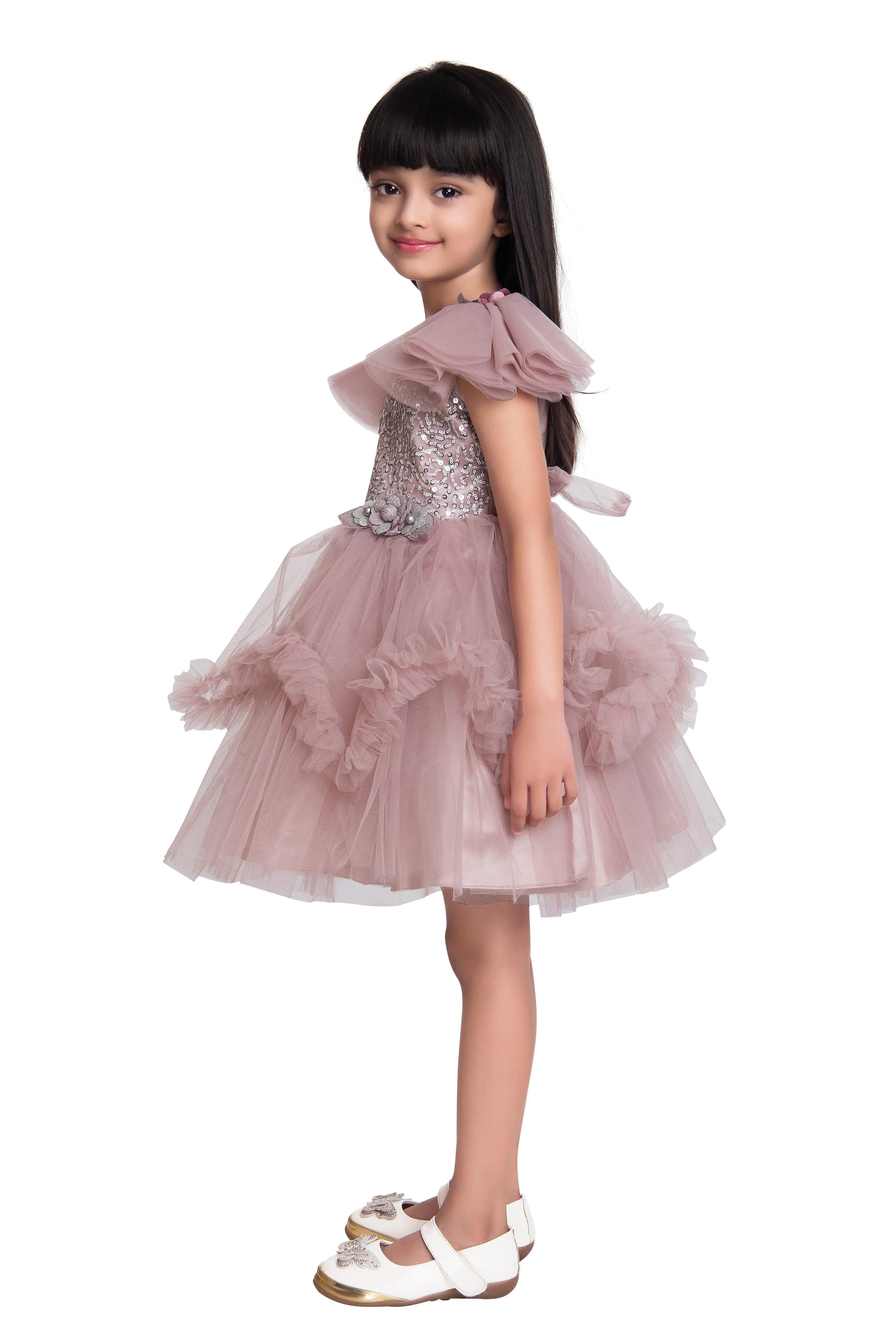Orchid Coloured Embellished Simple Design Net Party Wear Frock For Girls