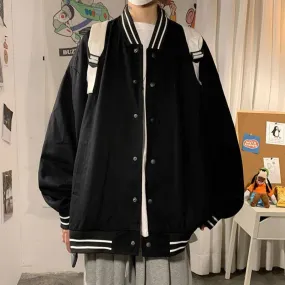 Wiaofellas    -  Men's Autumn Spring Jacket Women High Street Stripe Windbreaker Loose Coats Women Streetwear Thin Solid Baseball Black Jackets