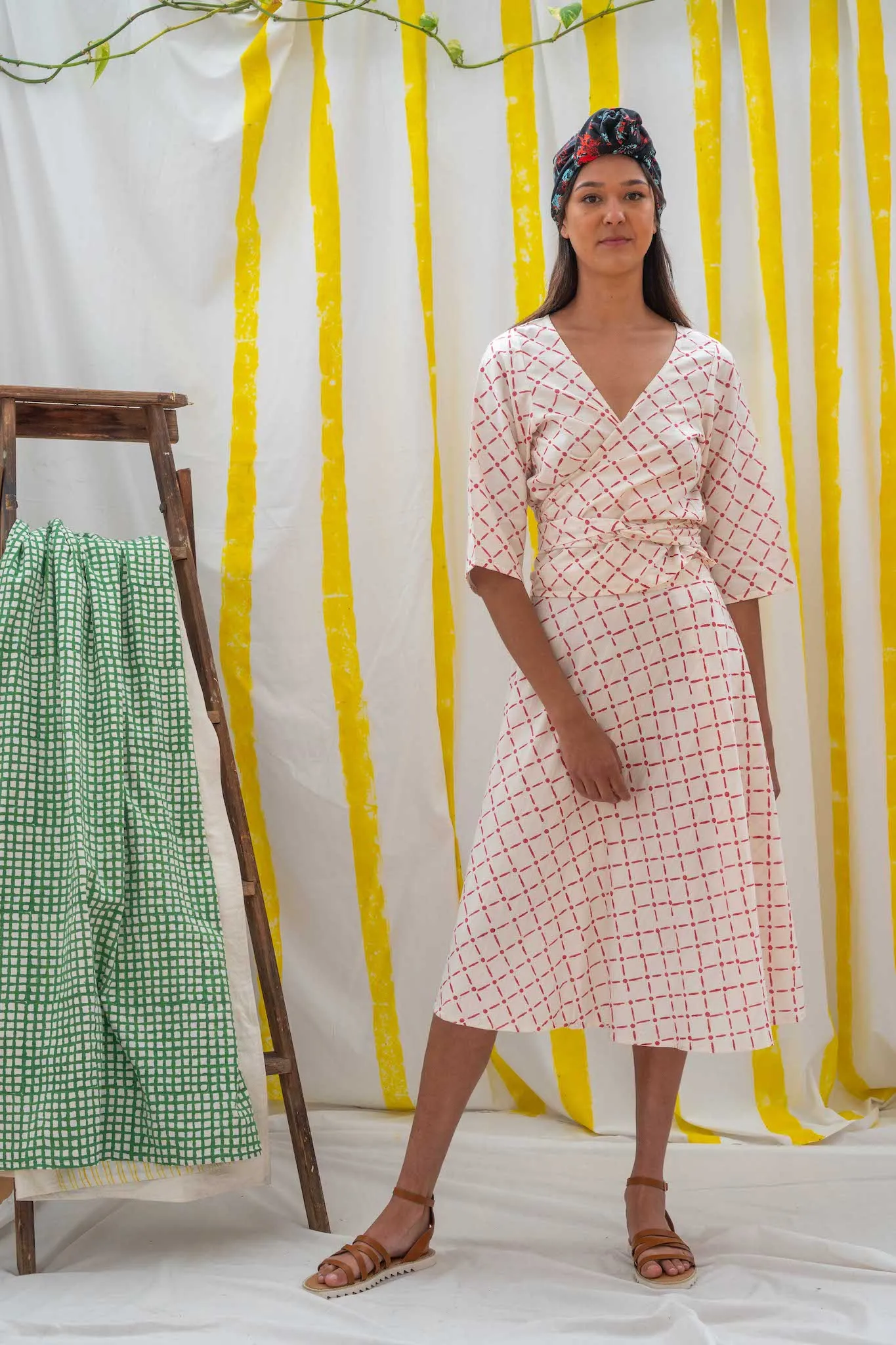 Wrap Skirt Midi - Red Tile Print